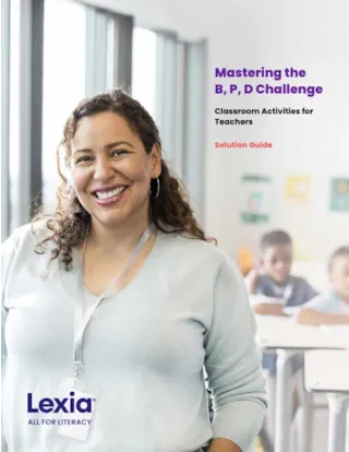 Smiling woman standing in a classroom with three children blurred in the background; text reads Mastering the B, P, D Challenge.