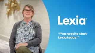 Woman sitting and smiling, with Lexia and the quote You need to start Lexia today! on a blue background.