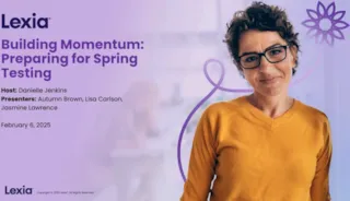 Woman with short curly hair and glasses, wearing a yellow sweater, stands next to text about a Lexia event for spring testing.