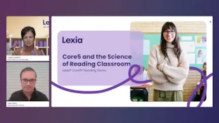 Lexia webinar slide on Core5 Reading; three speakers are shown in video call windows on the left side.