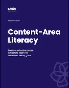 Cover of a Lexia solution guide titled Content-Area Literacy on a dark purple background with white text.