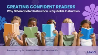 Five children sitting and reading books with a purple background that says, Creating Confident Readers.