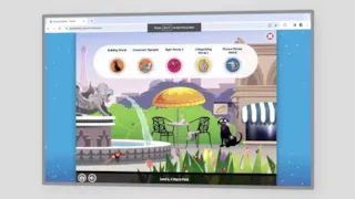 An educational game screen with icons for building words, categorizing, and a Paris cafe scene in the background.