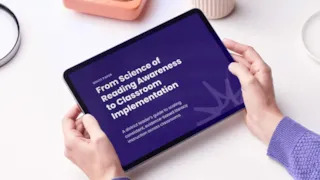 Person holding tablet displaying text: From Science of Reading Awareness to Classroom Implementation on the screen.
