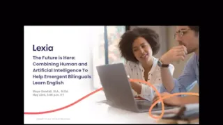 Two people sit at a table, looking at a laptop. Text promotes a Lexia webinar on AI and English learning for bilinguals.
