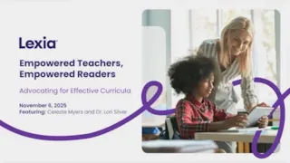 A teacher smiles, helping a young student with a tablet in a classroom. Event info about education is displayed on the left.