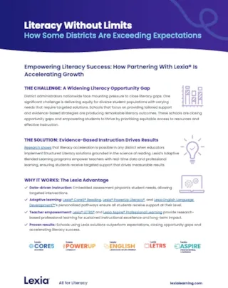 Informative flyer titled Literacy Without Limits about the benefits of partnering with Lexia for improved school literacy.