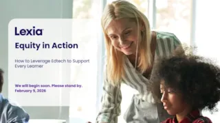 A smiling woman helps a child with curly hair at a computer. Lexia Equity in Action webinar details are shown.
