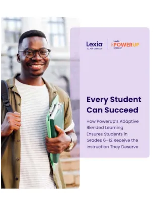 Smiling student holding books and backpack, standing outdoors beside text about Lexia PowerUp supporting student success.