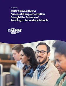 Three adults sit at computers in a classroom; the text highlights a case study on reading science in secondary schools.
