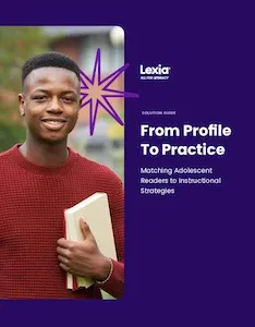 Smiling student holding books, standing next to the text: From Profile to Practice by Lexia.