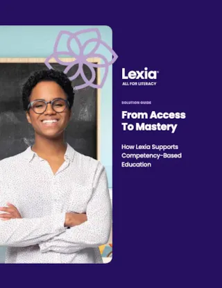 Smiling person with glasses stands in front of a chalkboard, next to text about Lexia and competency-based education.