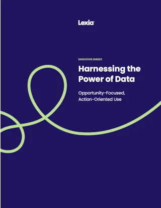 Cover with text: Harnessing the Power of Data. Opportunity-Focused, Action-Oriented Use and a looping green line on purple.