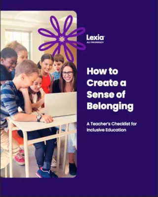 Smiling teacher and diverse students gather around a laptop in a classroom, with text about inclusive education on the right.