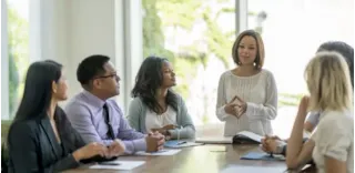 Six people sit at a conference table, listening to a woman standing and speaking in a bright office.
