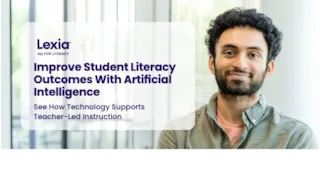 Smiling man in a green shirt sits by windows next to text about improving student literacy with artificial intelligence.