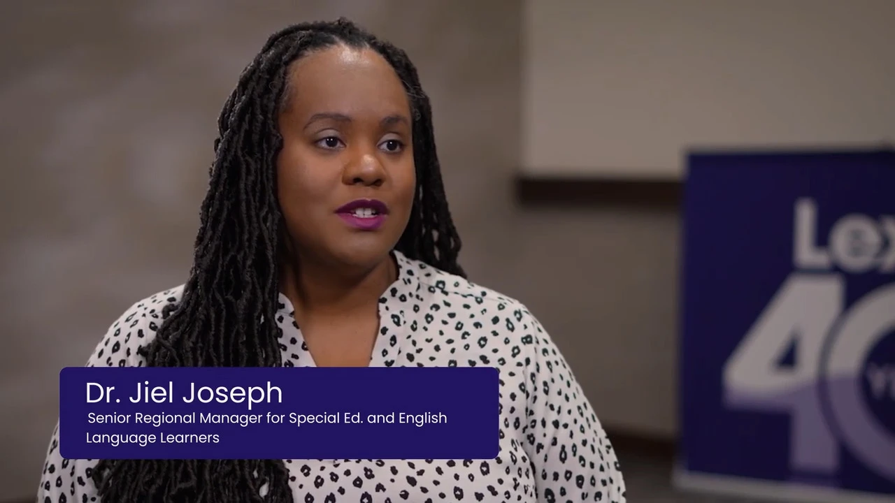 Dr. Jiel Joseph speaks in an interview; text identifies her as Senior Regional Manager for Special Ed and English Language Learners.