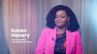 Woman in a pink blazer sits and smiles, with text reading Karen Henery, Director of ESOL & Multilingual Services.