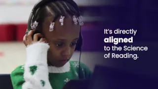 Young girl with beaded braids wears headphones and reads, with text: Its directly aligned to the Science of Reading.
