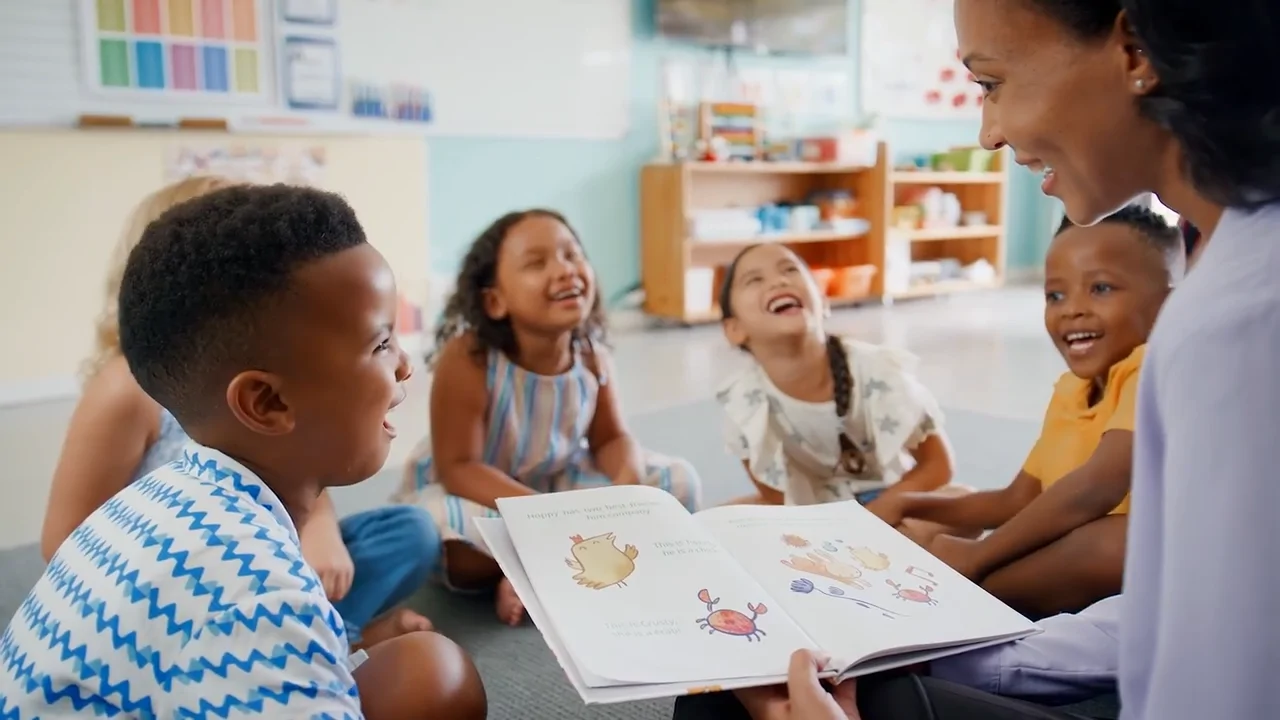 A teacher reads a picture book to a group of smiling and laughing children sitting on the classroom floor.