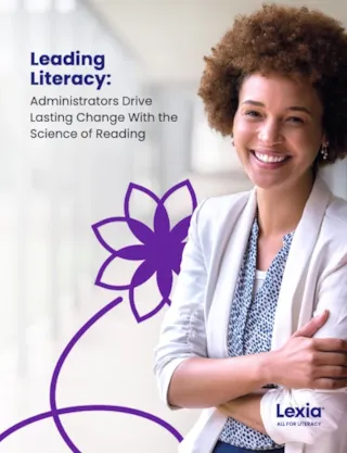 Smiling woman stands by a railing with text about leading literacy and the Lexia logo in the lower right corner.
