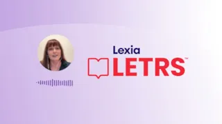 Video thumbnail with a woman speaking, Lexia LETRS logo, and audio waveform on a purple gradient background.
