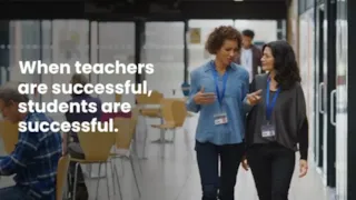 Two teachers with name badges walk and talk in a school cafeteria. Text reads: When teachers are successful, students are successful.