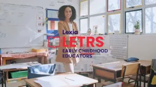 Smiling teacher stands in a bright classroom with desks; text reads Lexia LETRS Early Childhood Educators.