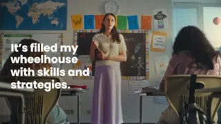 A teacher stands in front of a classroom, speaking to students; text reads, Its filled my wheelhouse with skills and strategies.