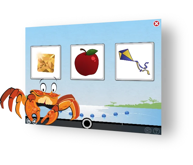 A cartoon crab points to a screen with pictures of a gem, an apple, and a kite by the water.
