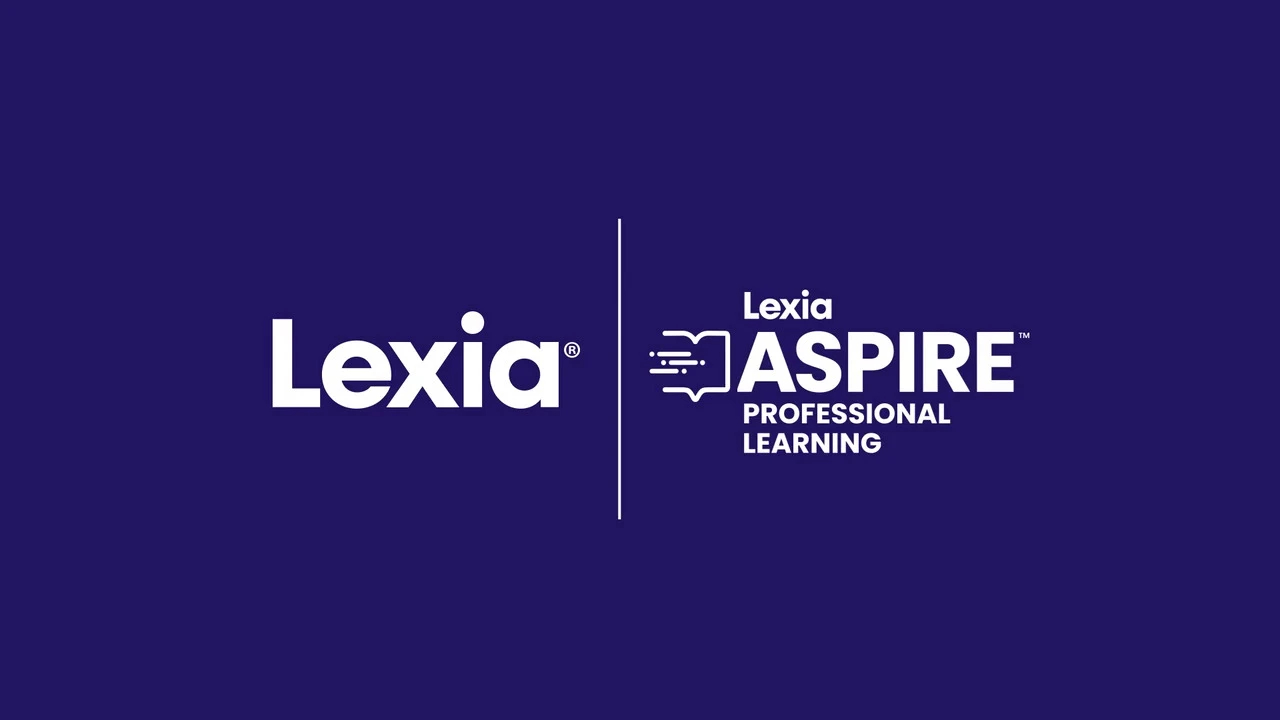 White Lexia and Lexia Aspire Professional Learning logos on a dark blue background, separated by a vertical line.