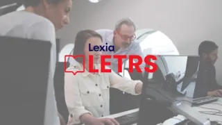 Three people working at computers in an office, with the Lexia LETRS logo overlaid in the center.