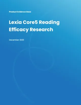 Blue cover page titled Lexia Core5 Reading Efficacy Research, December 2025 with subtle swirl design.
