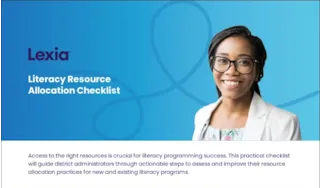 A smiling person with glasses stands next to the text: Lexia Literacy Resource Allocation Checklist.
