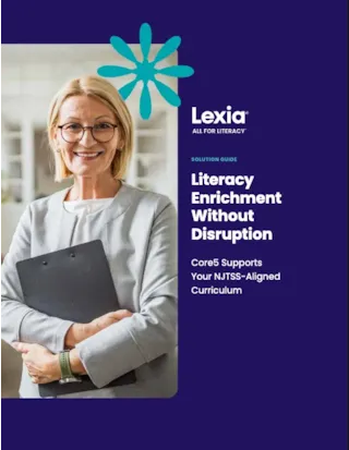 Smiling woman with glasses holding a folder, standing beside text about a Lexia literacy enrichment solution guide.