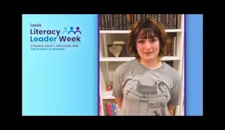 Person standing in front of bookshelves, wearing a gray T-shirt. Text on image: Lexia Literacy Leader Week, with event details.