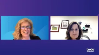 Two women on a video call, one smiling, both in separate rooms, with a Lexia All for Literacy logo in the corner.