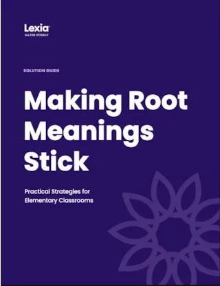 Cover of a guide titled Making Root Meanings Stick with geometric pattern and Lexia logo on a purple background.