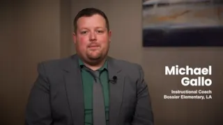 A man in a gray suit sits for an interview; text reads Michael Gallo, Instructional Coach, Bossier Elementary, LA.