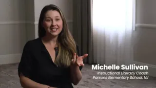 A woman sits indoors, gesturing as she speaks; text reads Michelle Sullivan, Instructional Literacy Coach, Parsons Elementary School, NJ.