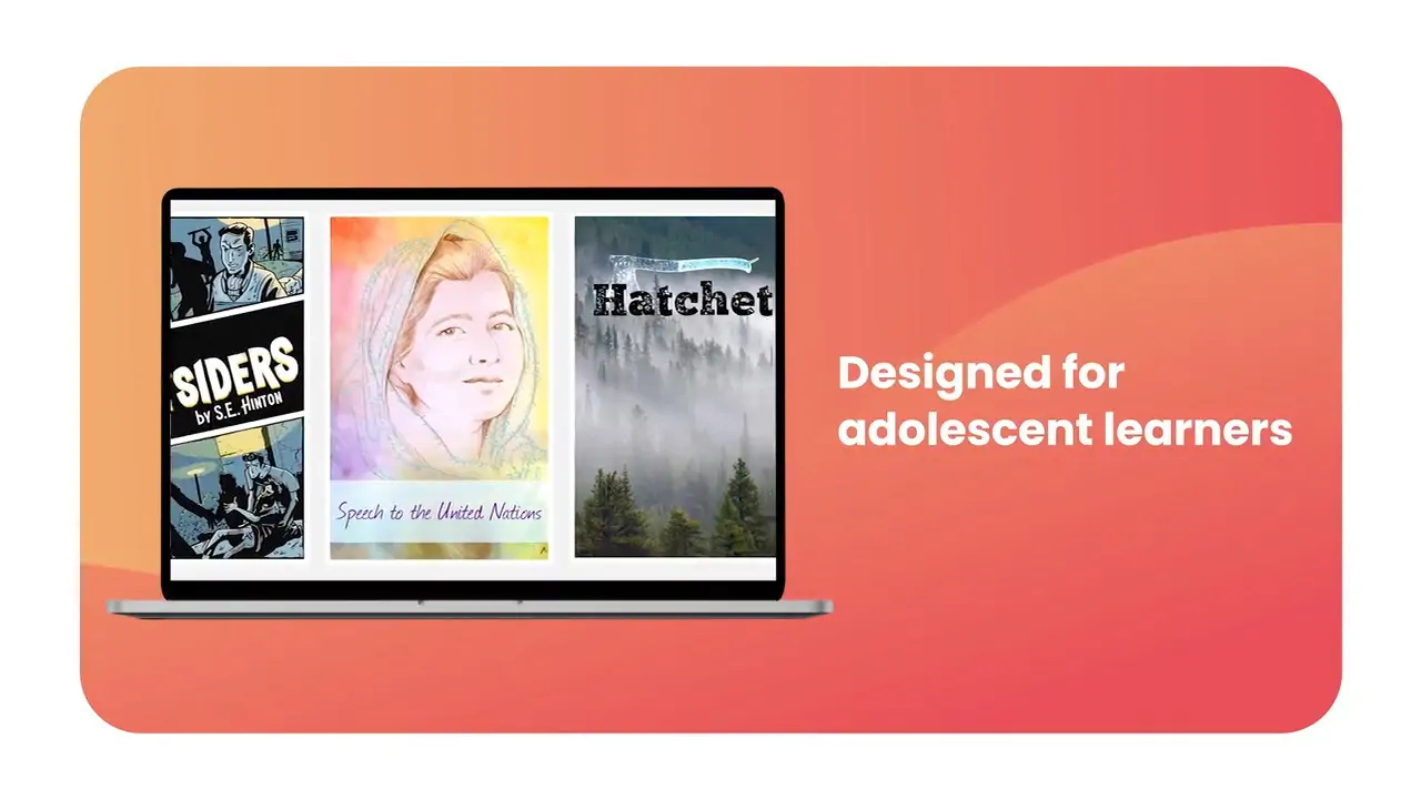 A laptop displays three adolescent book covers with the text Designed for adolescent learners on a gradient background.