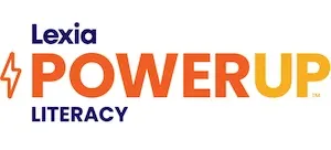 Logo with text: Lexia PowerUp Literacy in bold orange and blue letters, accompanied by a stylized orange lightning bolt.