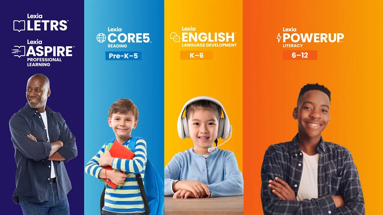 Four smiling people stand in front of colorful banners for Lexia learning programs for Pre-K–12 students and educators.