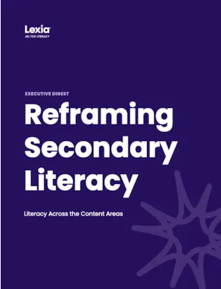 Dark blue cover page with white text: Reframing Secondary Literacy. Literacy Across the Content Areas. Lexia logo at top.