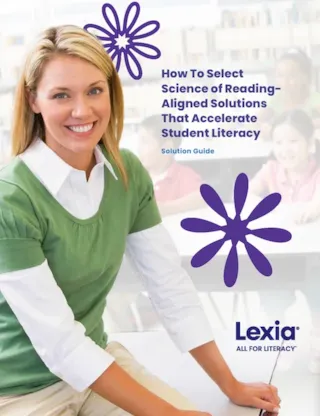 Smiling woman sits in classroom; children and guide text about selecting reading solutions appear in the background.