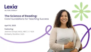 Smiling woman holding a laptop stands beside The Science of Reading event details for Lexia, dated April 16, 2025.