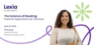 Smiling woman holding a notebook stands next to event details for The Science of Reading: Practical Applications for Teachers.
