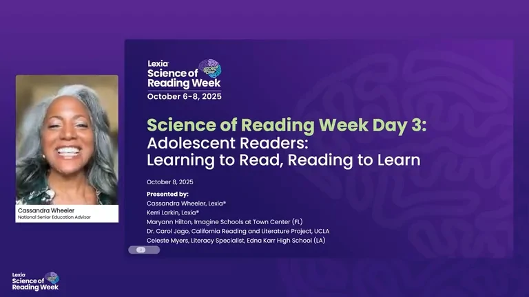 Event slide for Science of Reading Week Day 3: Adolescent Readers, with speaker info and event details on a purple background.