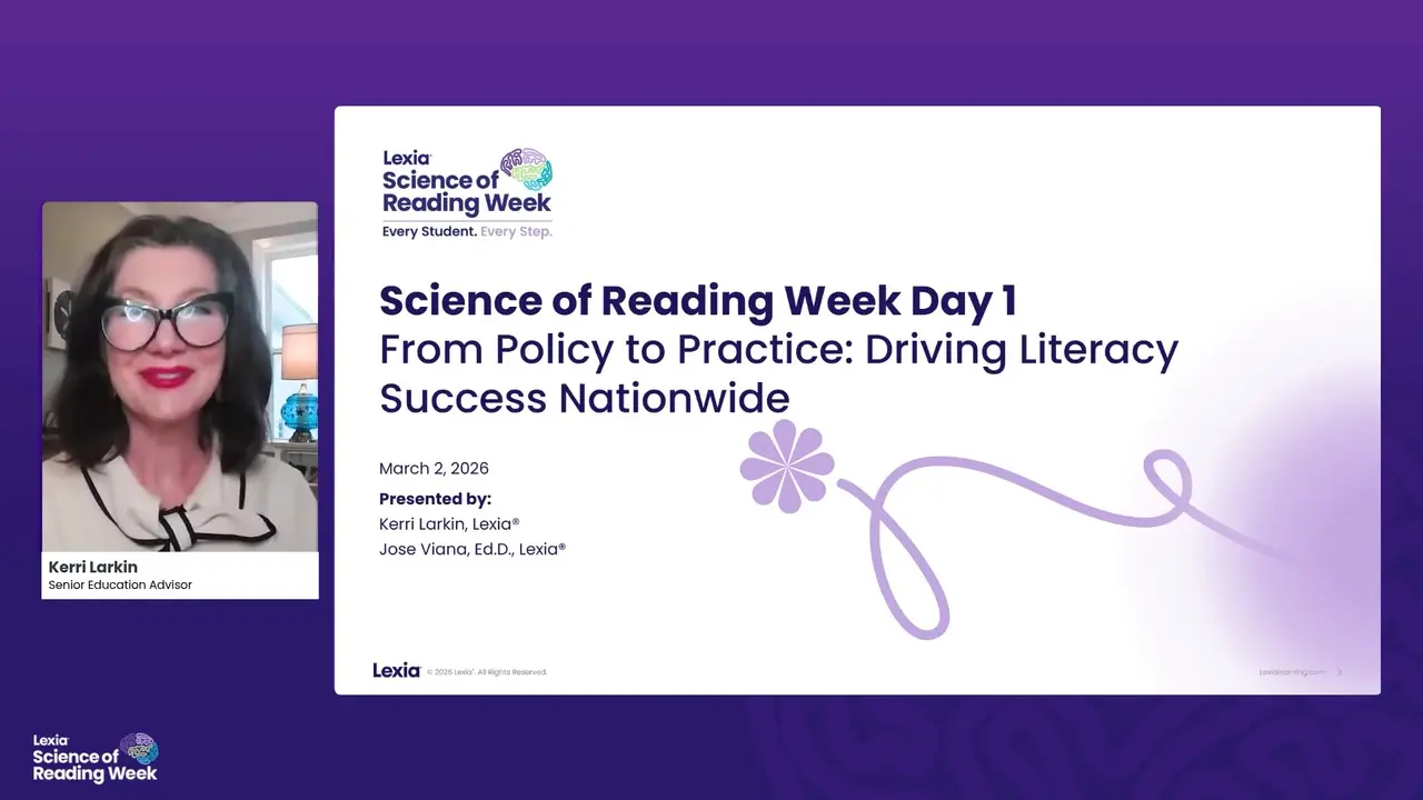 Split screen: Kerri Larkin on the left, event slide on the right for Science of Reading Week Day 1 by Lexia.