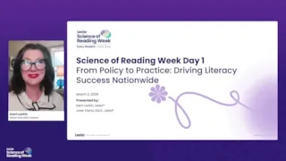 A woman smiles on a video call next to a slide titled Science of Reading Week Day 1 about driving literacy success.